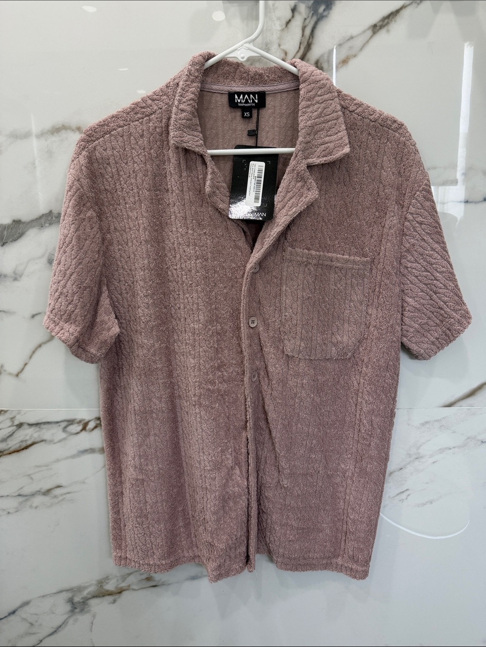 Boohoo Mens Dusty Rose Textured Short-Sleeve Button Down Shirt